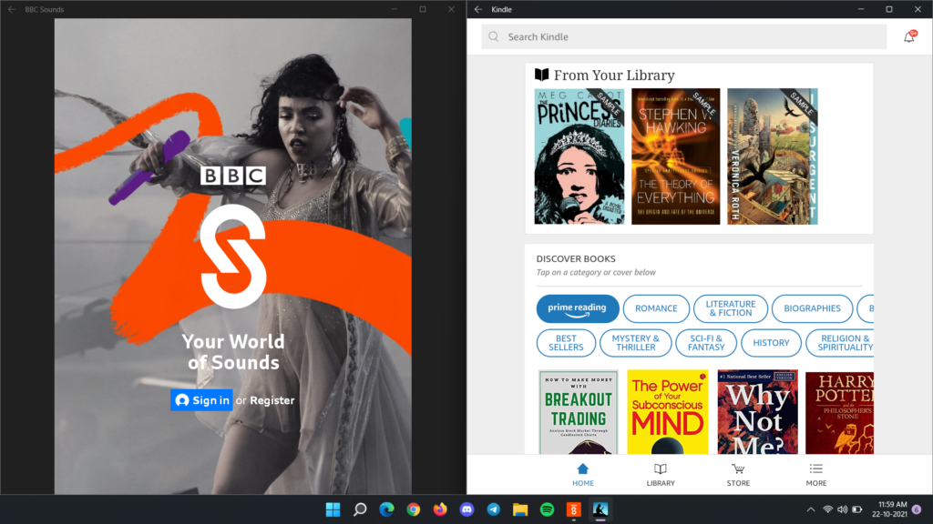 The Kindle and BBC Sounds Android apps running on WIndows 11.