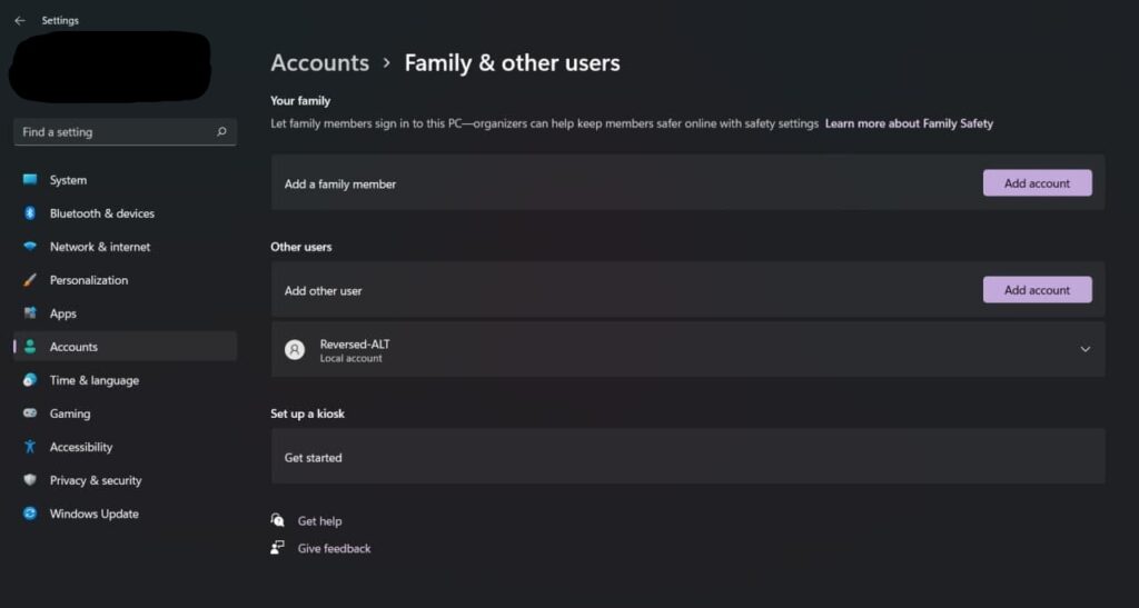 user account settings