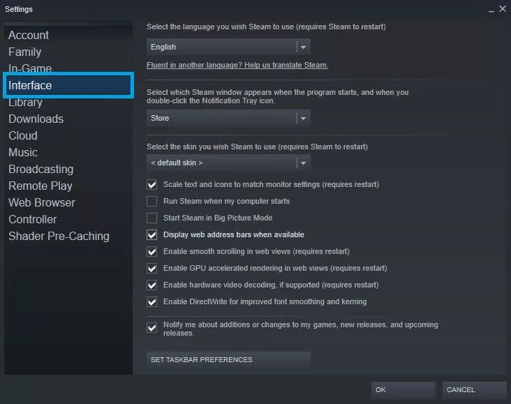 interface settings on steam
