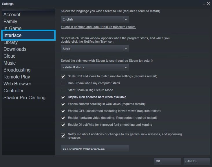 interface settings on steam