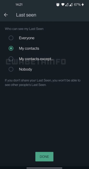 WhatsApp My Contacts except beta feature