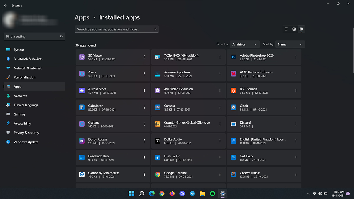 detail view apps & features windows 11