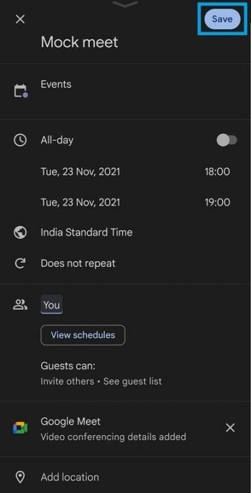 save meeting details screen
