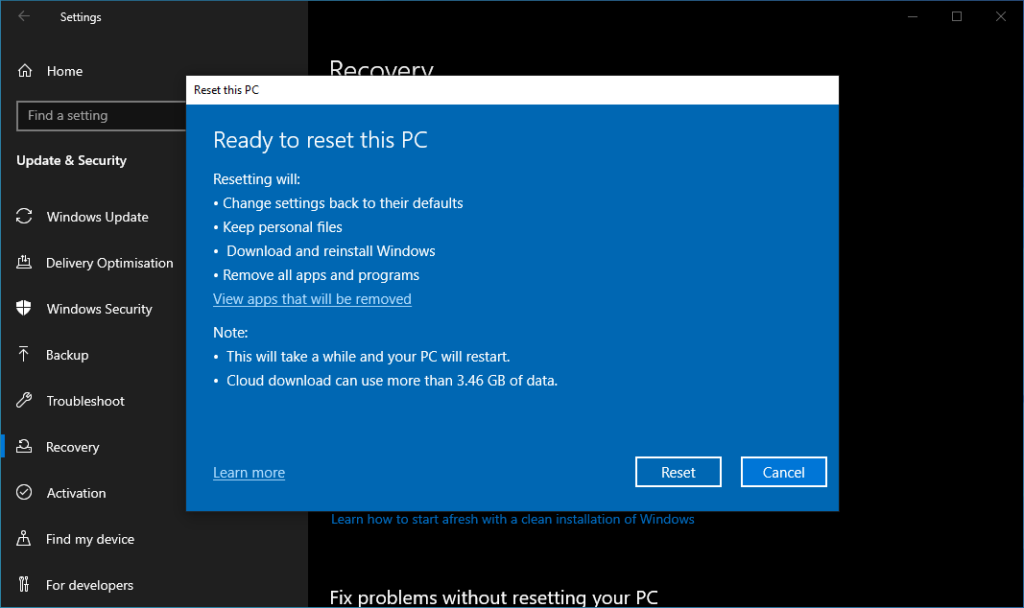 Reset this pc screen
