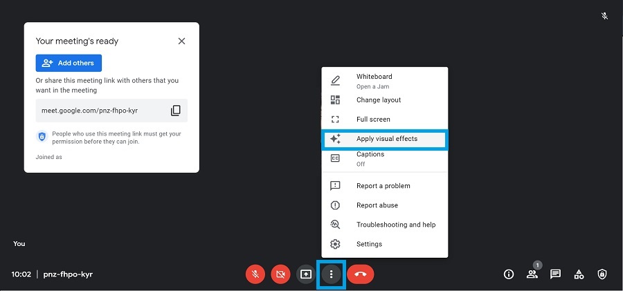 apply visual effect during a google meet call