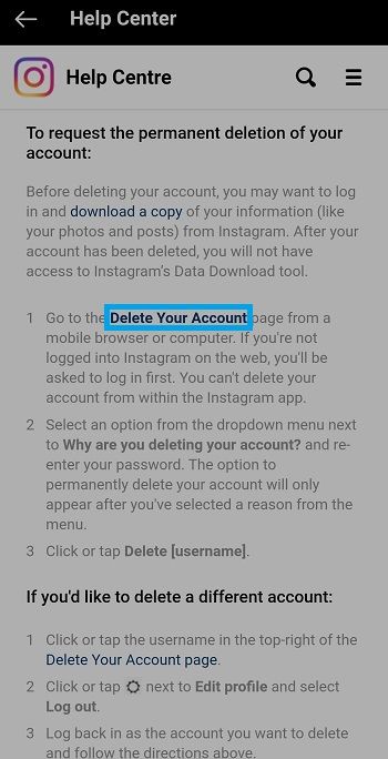 delete instagram account link