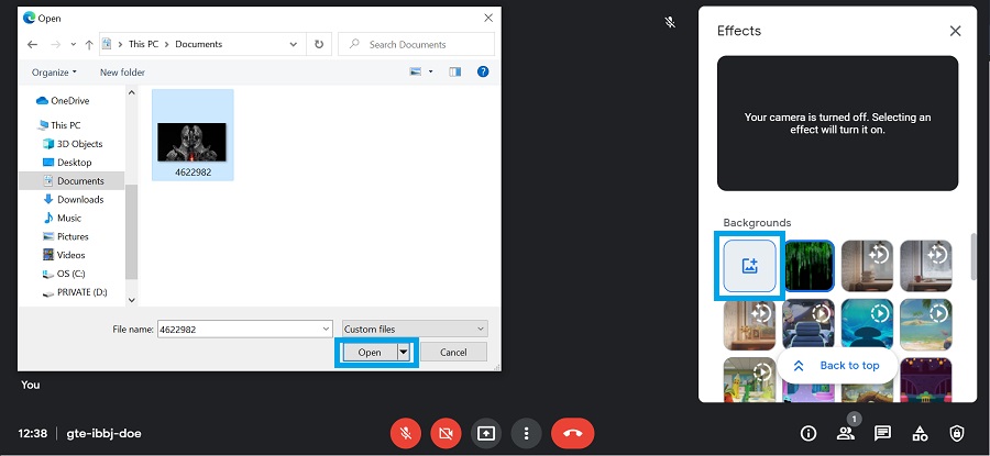uploading custom background on google meet during a call
