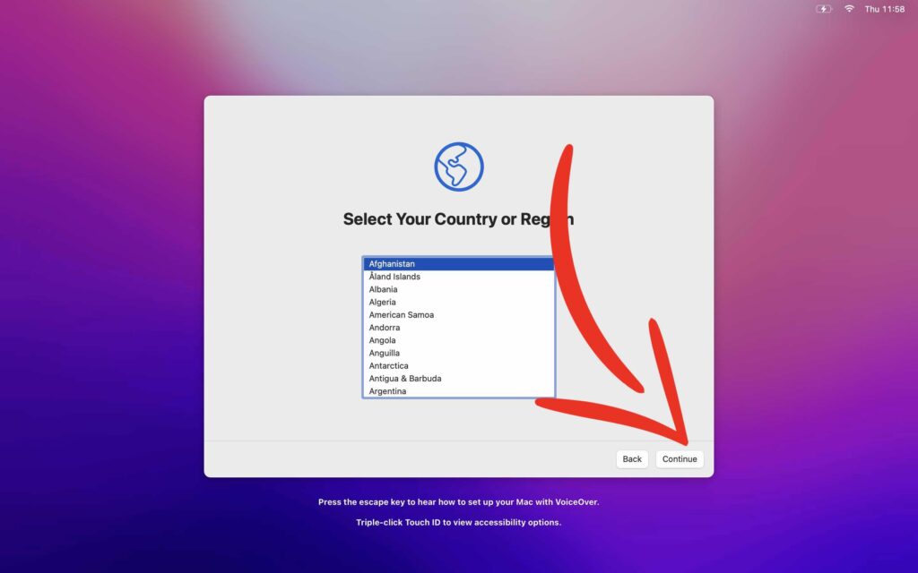 1. Select region mac Setup