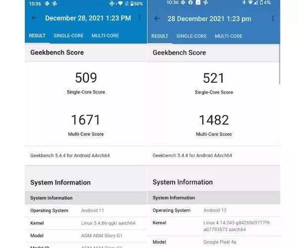 AGM Glory Pro and Pixel 4a geekbench 5