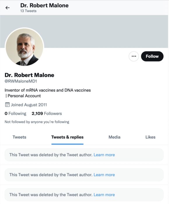 A screenshot from a Twitter account for Dr. Robert Malone