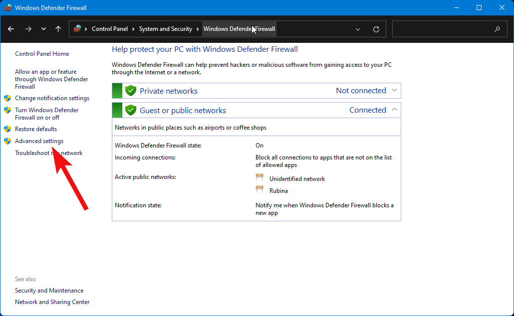 Allow internet. Windows Defender Firewall - Advanced settings. Advanced settings in Windows Defender. Window Defender Firewall - Advance setting - Outbound Rules - New Rules.