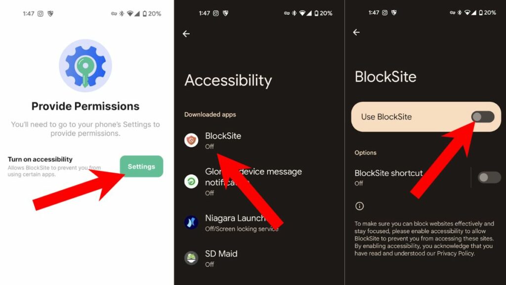 BlockSite Accessibility permissions