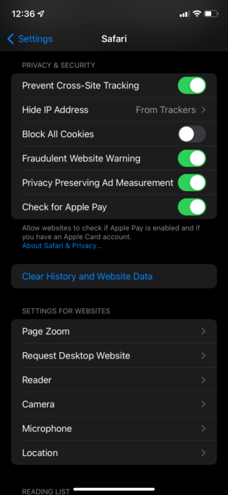 screenshot of option to clear history and website data