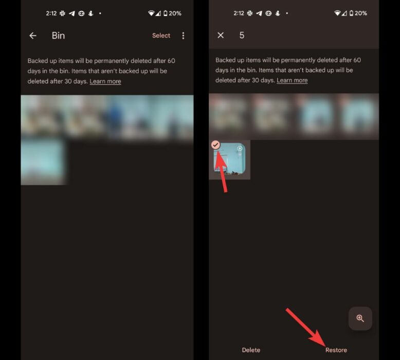 Google Photos select from bin and restore