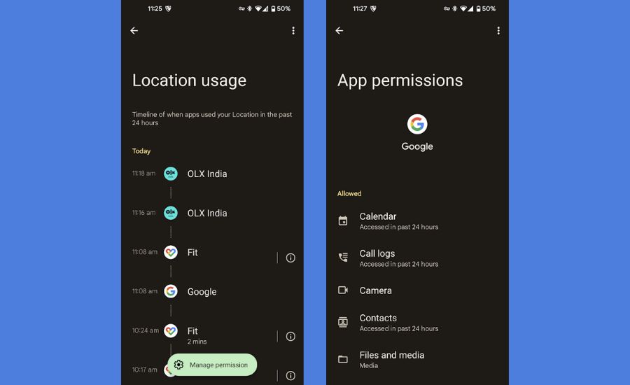 Privacy Dashboard allowed location usage timestamps manage permissions