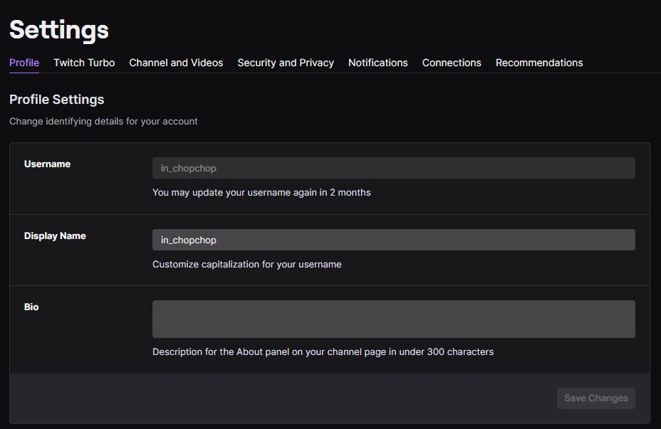 Twitch profile settings - change Twitch username