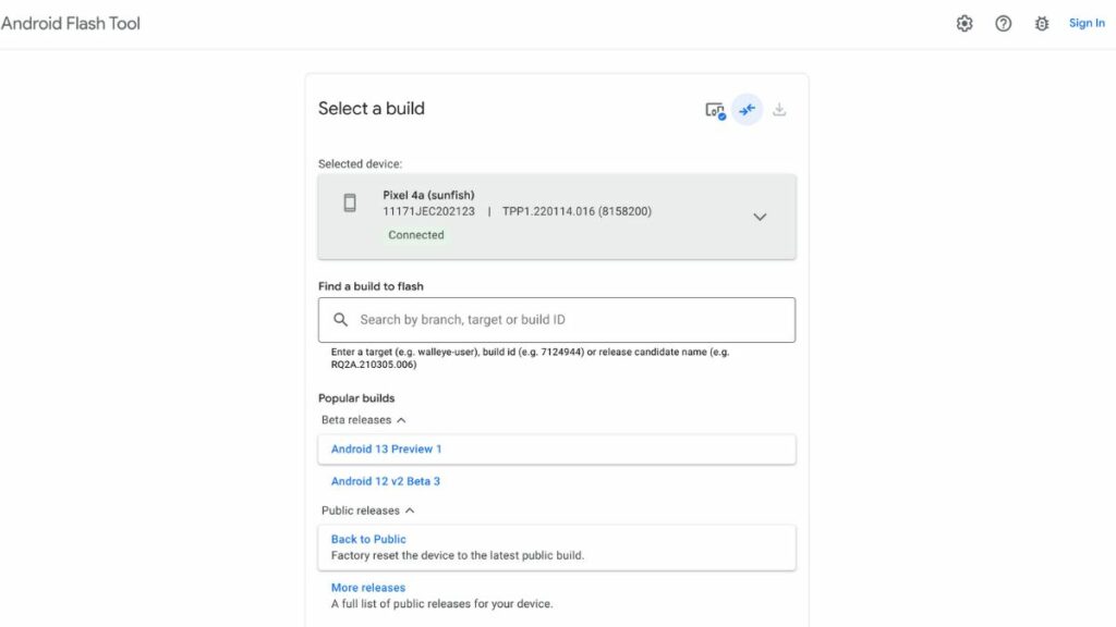 android flash tool select a build