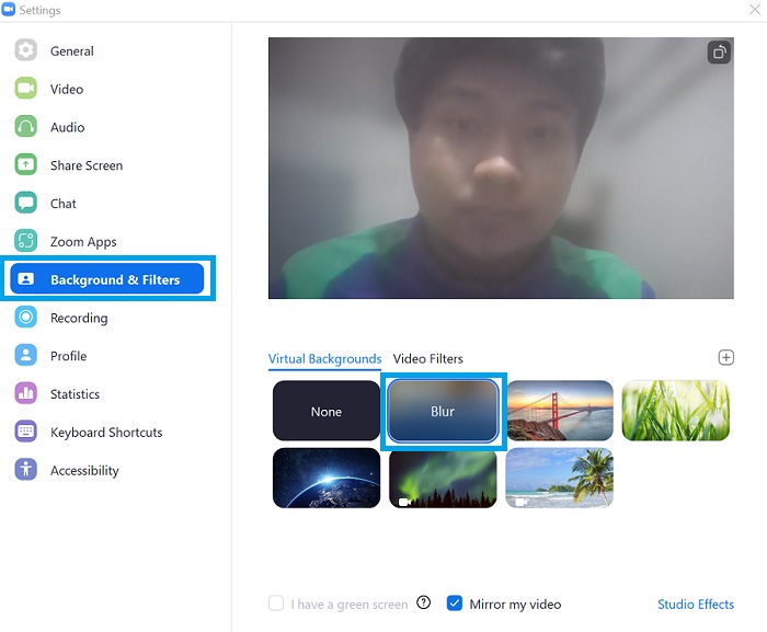 background and filters in zoom desktop app
