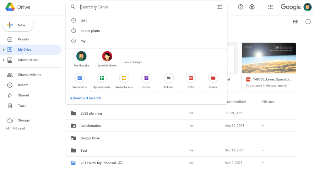 google drive search chips filters