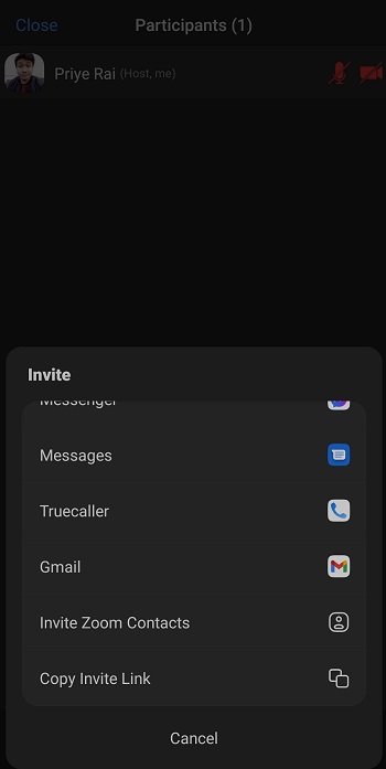 invite options zoom mobile app