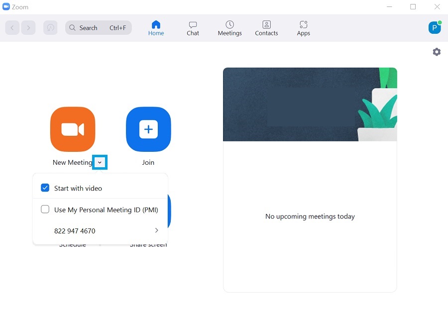 new meeting button in zoom desktop app