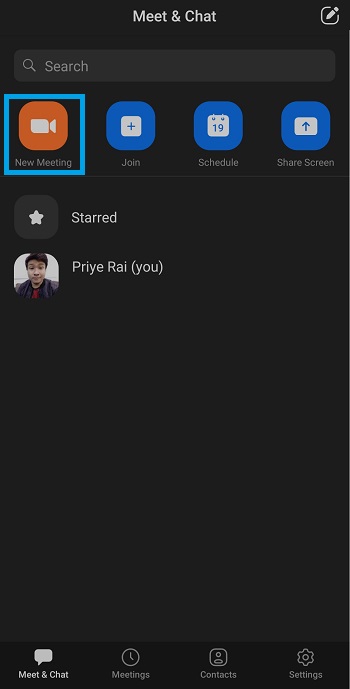 new meeting button in zoom mobile app