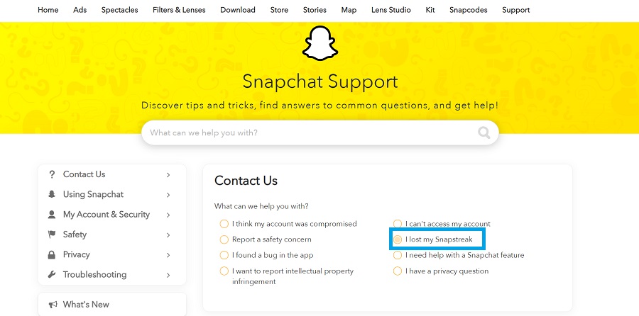 contact snapchat to recover lost streak