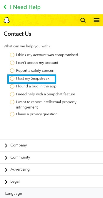 Snapchat contáctanos Pantalla de recuperación de racha