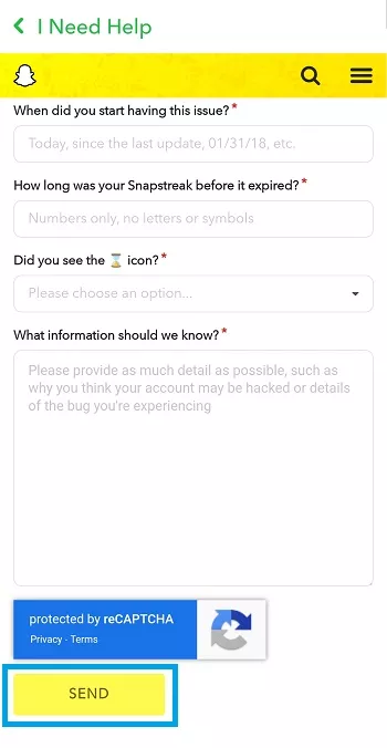 form to contact snapchat support