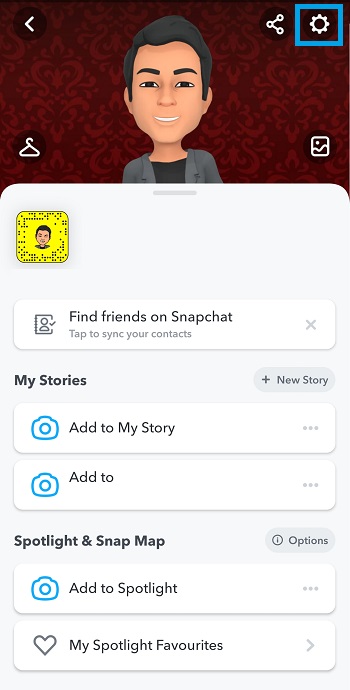 Página del menú del perfil de Snapchat