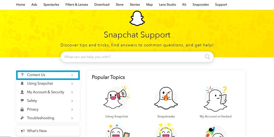 snapchat support page
