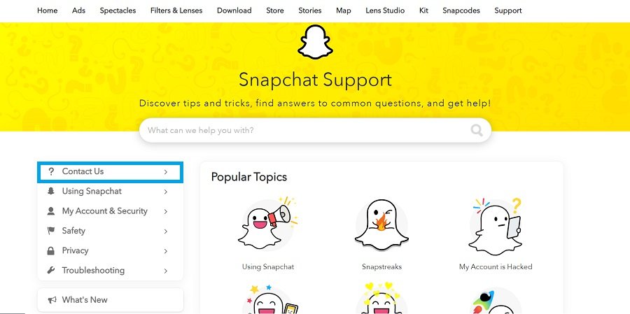 página de soporte de Snapchat