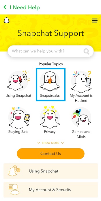 snapchat support screen