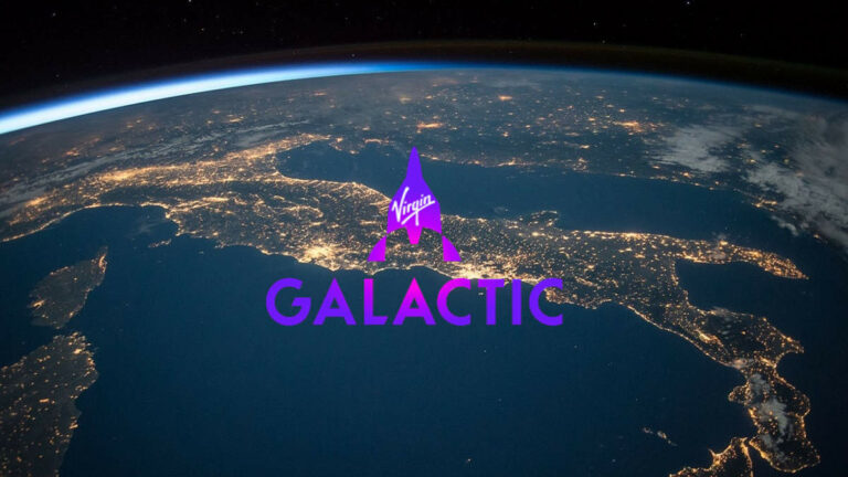 virgin galactic logo with a view of Earth behind it