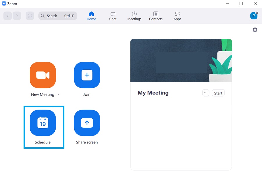 zoom desktop app home tab schedule button