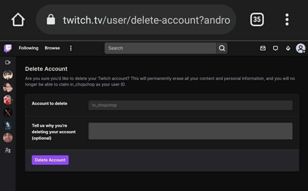 delete twitch account android