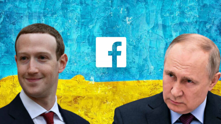 featured image showing mark zuckerberg and vladimir putin with facebook logo and ukrainian flag colors in the background