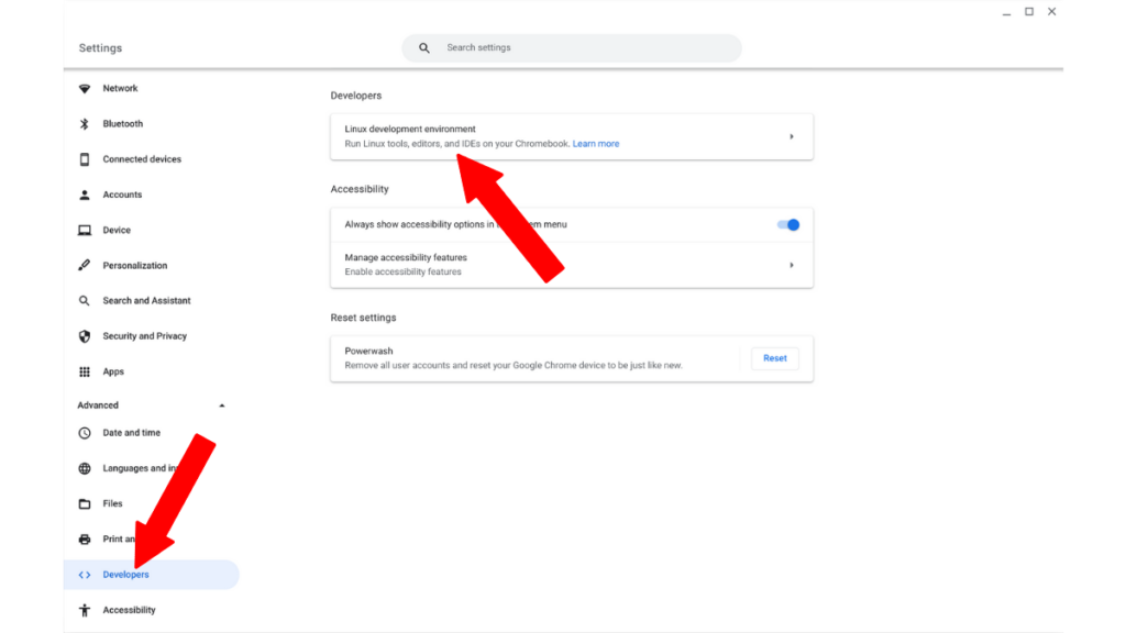 Chrome OS settings, developers, Linux development environment