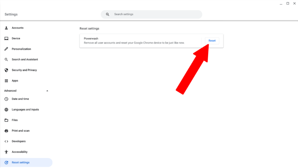 Chrome OS settings reset settings powerwash
