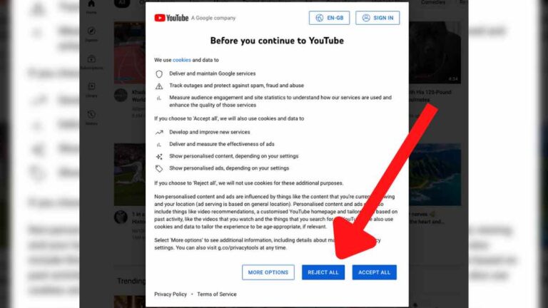 YouTube Europe reject all cookies button