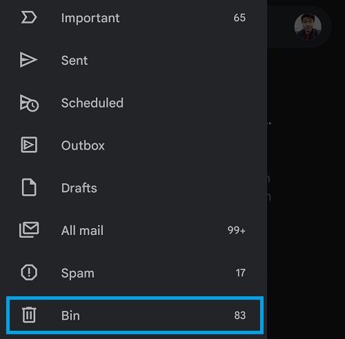 bin button in gmail app