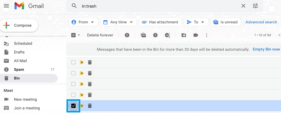 bin check button in gmail