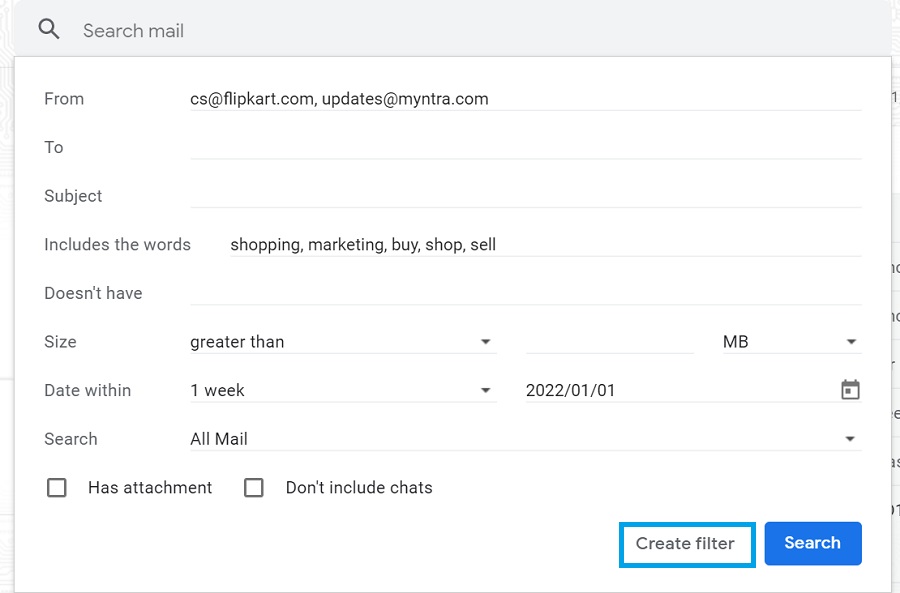 create email filter parameters in gmail