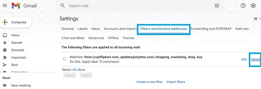 delete email filter in gmail