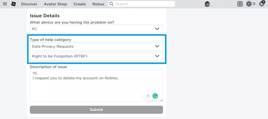 delete your roblox account form