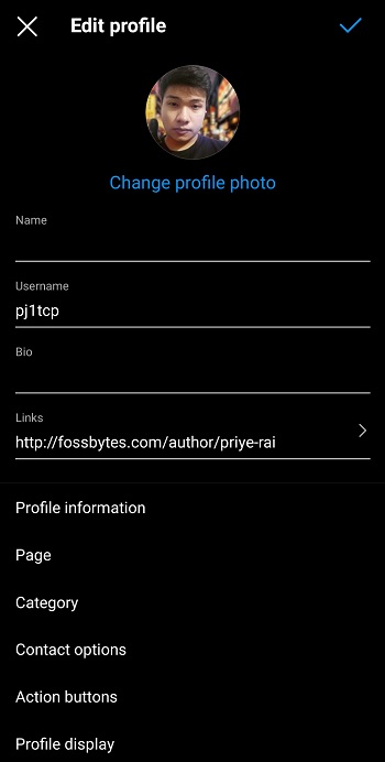edit profile section instagram