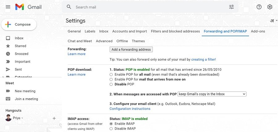 forwarding imap pop gmail