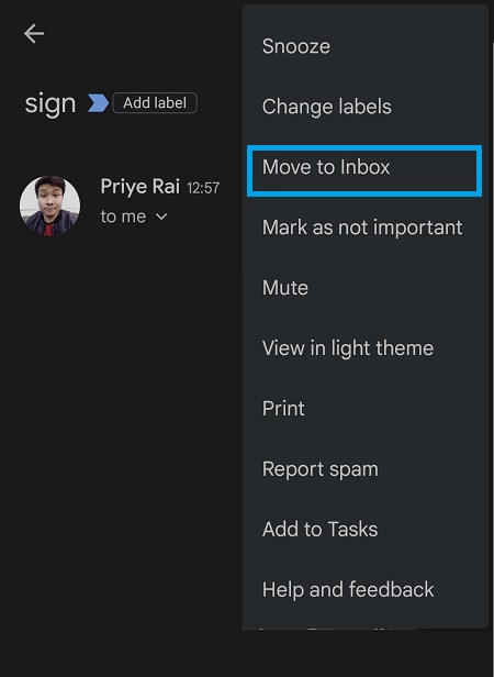 move to inbox in gmail app