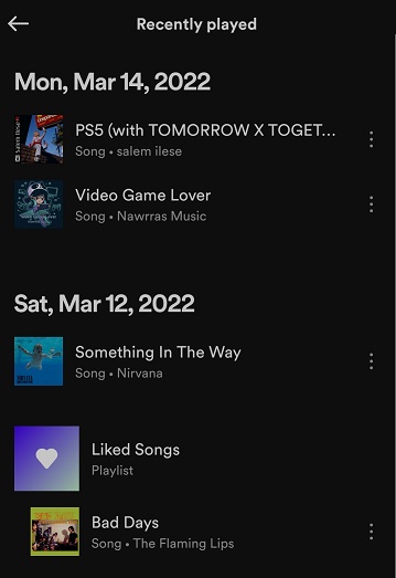 recently played screen spotify mobile