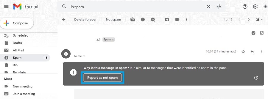 report as not spam in gmail